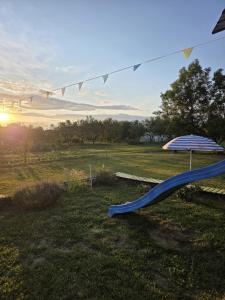 a playground with a slide and an umbrella in a field at Lavander Garden in Răscruci +61 photos