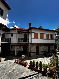 a house with a dog standing in front of it at MetsoVillas στο κέντρο του Μετσόβου in Metsovo