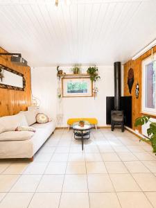 a living room with a couch and a fireplace at Chalet Forestôchat in Tressé