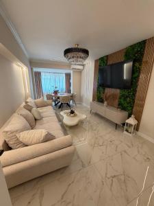 a living room with a couch and a flat screen tv at Luma Apartment in Tecuci