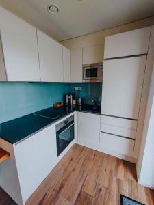a kitchen with white cabinets and a wooden floor at Apartment Gemini by Salzkammergood Living in Tauplitz +6 photos