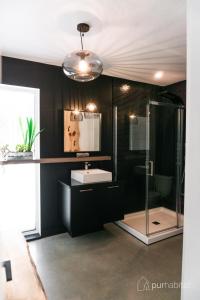 a bathroom with a sink and a shower at Pur Nature et Spa Owl's Head in Mansonville +39 photos