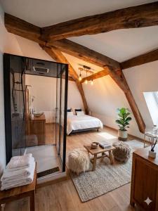 a bedroom with a glass shower and a bed at L'aparté Roussat in Langres +20 photos