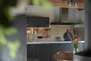 a kitchen with gray cabinets and a counter top at Gastenverblijf Begheynhof - your perfect escape in Biervliet