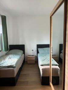 a bedroom with two beds and a mirror at Apartmán Madlen in Dolní Bobrová