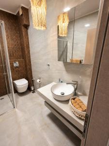 a bathroom with a sink and a toilet and a mirror at Amore Fanari in Fanari