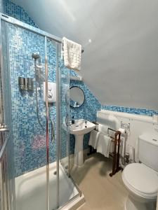 a bathroom with a shower and a toilet and a sink at Glenan Lodge Self Catering in Tomatin +13 photos