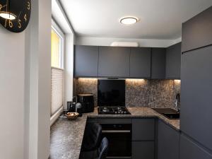 a kitchen with black cabinets and black appliances at Baltijos Apartamentai, Self check-in, free parking in Klaipėda