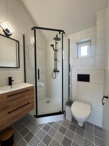 a bathroom with a shower and a toilet and a sink at Sunbella Sarbinowo in Sarbinowo +48 photos