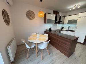 a kitchen with a table and chairs in a kitchen at Apartmán pod Rovencom in Nové Mesto nad Váhom