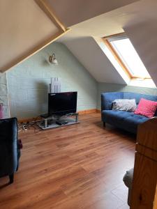 a living room with a blue couch and a tv at Callacoon Cottage in Louisburgh