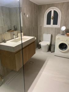 a bathroom with a sink and a washing machine at Villa Avly in Maleme +28 photos