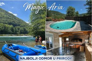 a collage of photos of a river and a pool at Magic Aria Bihac in Bihać