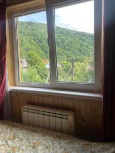 a bedroom with a large window with a view at Смарт-Квартира in Yaremche