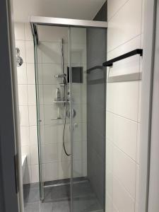 a shower with a glass door in a bathroom at VITA Apartment in Herrenberg