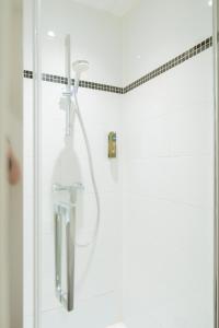 a shower with a shower head in a bathroom at Logis Hôtel Restaurant Bellevue Annecy in Annecy +35 photos