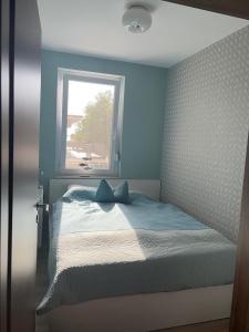 a blue bedroom with a bed with a window at Panorama Apartman Zamardi in Zamárdi +14 photos