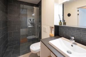 a bathroom with a sink and a toilet and a shower at Vakantiewoning Maison Chaperon in Wervik +14 photos