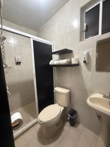 a bathroom with a toilet and a sink at Hotel Aljófar in Montemorelos +26 photos