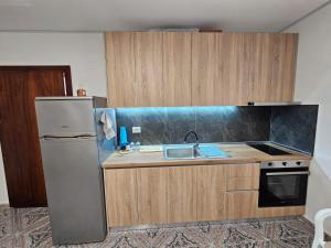 a kitchen with a sink and a refrigerator at Daja's Guest House in Shëngjin