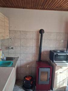 a kitchen with a stove in the corner of a kitchen at Srce Prirode in Pljevlja +20 photos