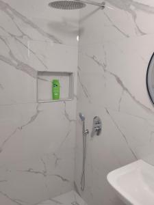 a shower with a hose in a bathroom with a sink at ArsonGuest in Berat