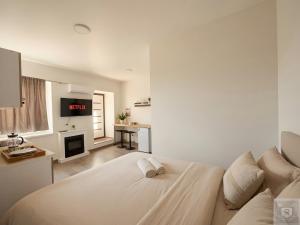 a white bedroom with a bed and a tv at RentHouse Apartments-Old Town Studio #2 in Chişinău