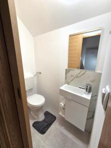 a white bathroom with a toilet and a sink at Petar in Kamešnica