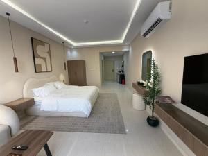 a bedroom with a large bed and a tv at لينك هوم استديو فندقي دخول ذاتي in Buraydah