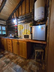 a kitchen with a counter with a refrigerator and a microwave at Refugio de la Montaña 2 personas in Coñaripe