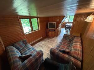 a living room with two couches and a tv at Chalet de toutes saisons in Shawinigan