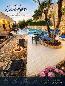 a patio with chairs and a hammock next to a pool at Zaaytre house in Ḩayy al Mukhabbaʼ