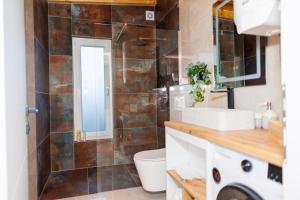 a bathroom with a toilet and a sink and a mirror at Villa Merak House in Bijelo Brdo +5 photos
