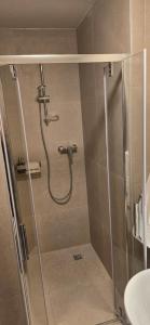 a shower with a glass door in a bathroom at Drei Schweizer Hotel in Neuwied +5 photos