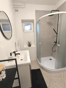a bathroom with a shower and a sink at Apartma Sofiora in Dekani +4 photos