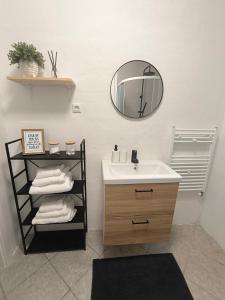 a bathroom with a sink and a mirror on the wall at Apartma Sofiora in Dekani