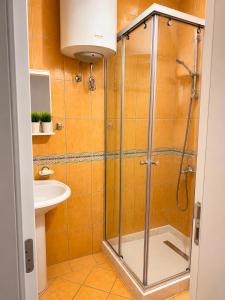 a bathroom with a shower and a sink at Apartments Hollaj in Ulcinj