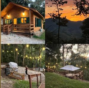 a collage of photos of a cabin with a sunset at Cabana do Mato com ofurô, cesta para café da manhã e pet friendly in Gonçalves