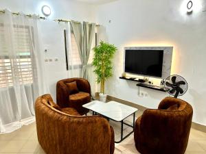 a living room with two chairs and a tv at Résidence Saphir-Korhogo in Korhogo