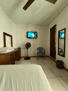 a bedroom with a bed and a tv on the wall at Marqués 100 Exmarquesado in Oaxaca City