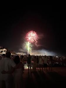a group of people watching a fireworks show at night at Sussurros do Mar in Bertioga