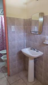 a bathroom with a sink and a mirror and a toilet at Cabañas fenix alojamiento in San Rafael