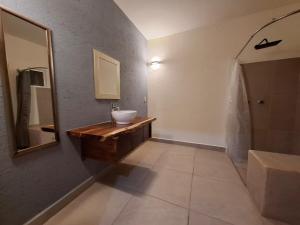 a bathroom with a sink and a mirror at Huatulco house near beach with pool in Tangolunda