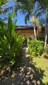 a path leading to a house with palm trees at Mango Moon in Pemuteran