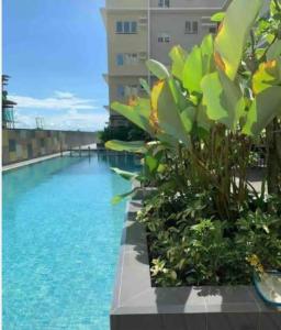 a swimming pool next to a tall building at Sweet Escape Executive Studio at One Regis in Bacolod