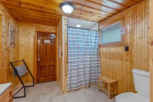 a bathroom with wooden walls and a window and a toilet at Riverside Cabin with Private Fishing Access! in Pulaski +38 photos