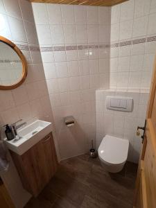 a bathroom with a toilet and a sink and a mirror at Ferienwohnung Hoisenlehen in Marktschellenberg +8 photos