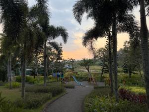 a park with a playground with a slide and palm trees at The Valley Guesthouse in Malang