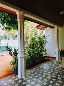 a screened in porch with plants in the background at Luuna'S Hostel Sigiriya in Sigiriya