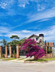a house with a fence and a purple tree at Chalé Jardim Itália em Tianguá in Tianguá